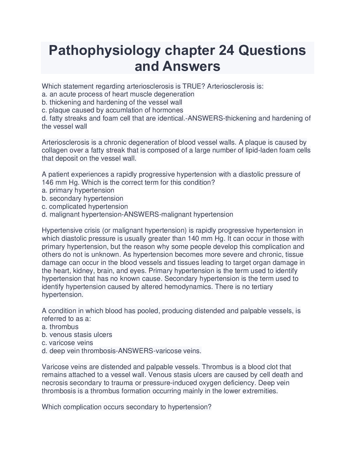 Pathophysiology chapter 24 Questions and Answers Browsegrades